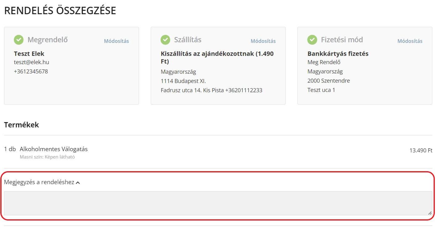 Megjegyzés a rendeléshez
